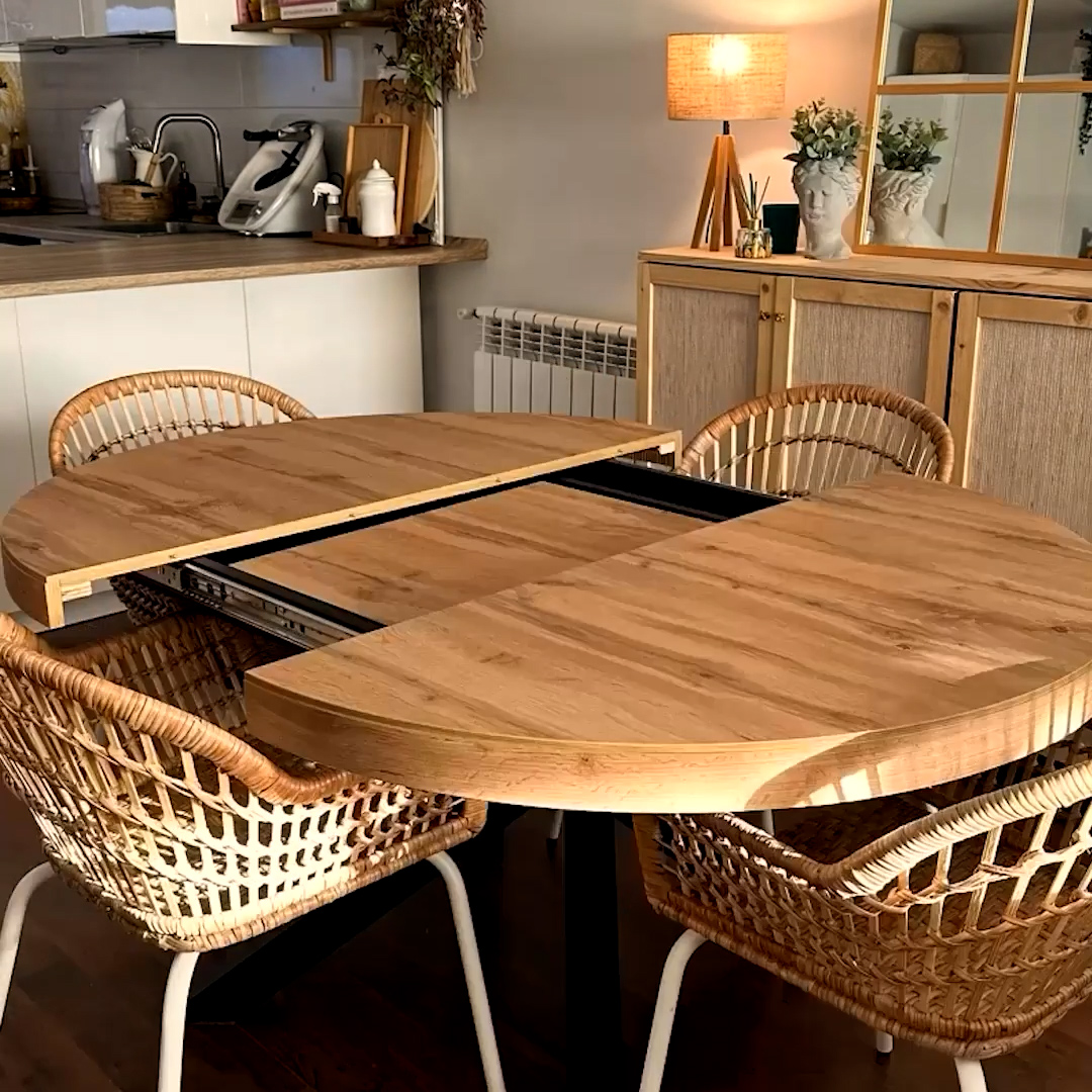 Nordicstory eettafel, uittrekbaar, rond, met gekruiste poten, massief hout, eiken, modern Noors of Scandinavisch design voor woonkamer, 4-8 personen, 120-160 x 120 x 75 cm
