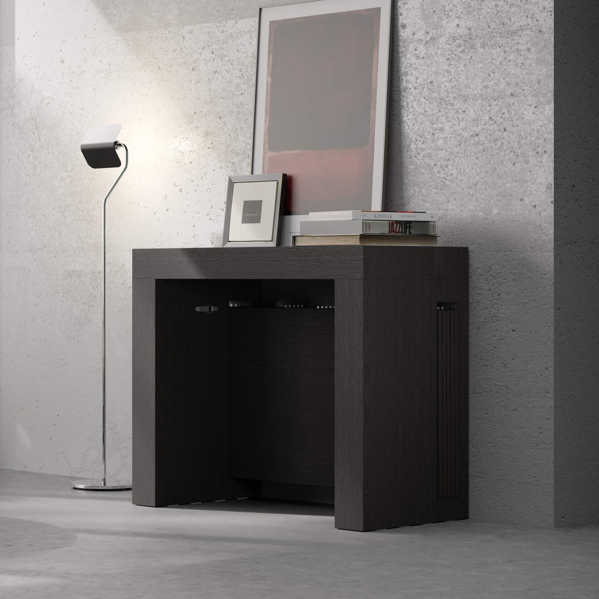 Table Console Extensible, 220, Pour 10 Personnes, Pieds Bois Massif Noir Et Chene 1