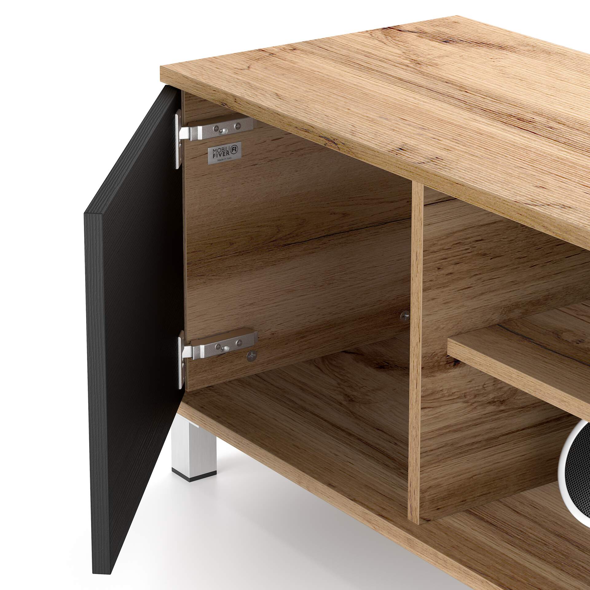 Meuble TV Design Rachele 150 Cm (frêne Noir) - Made In Italy, 2 Portes + étagère Ouverte, Capacité 80 Kg, Pour TV Jusqu'à 65"