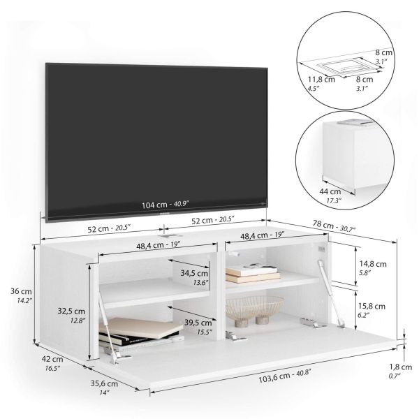 Mobile TV Sospeso 200cm Bianco - Moderno, Senza Maniglie, Per Salotto Con Tecnologia Di Apertura Facile - Foto 4