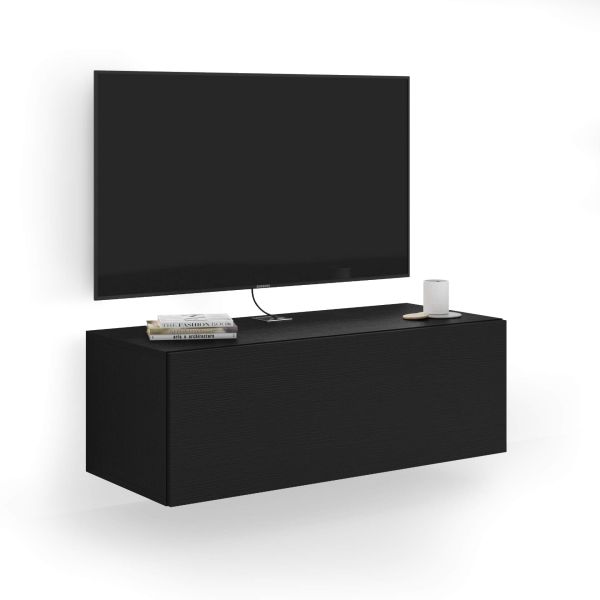 Meuble TV Suspendu Moderne Noir 160 Cm - Avec Porte Et Rangements, Fixation Murale Incluse