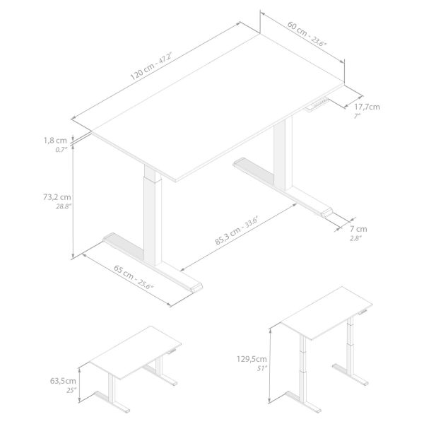 Verstelbaar Bureau Clara 120x60 Zwart Beton met Witte Poten technische afbeelding 1