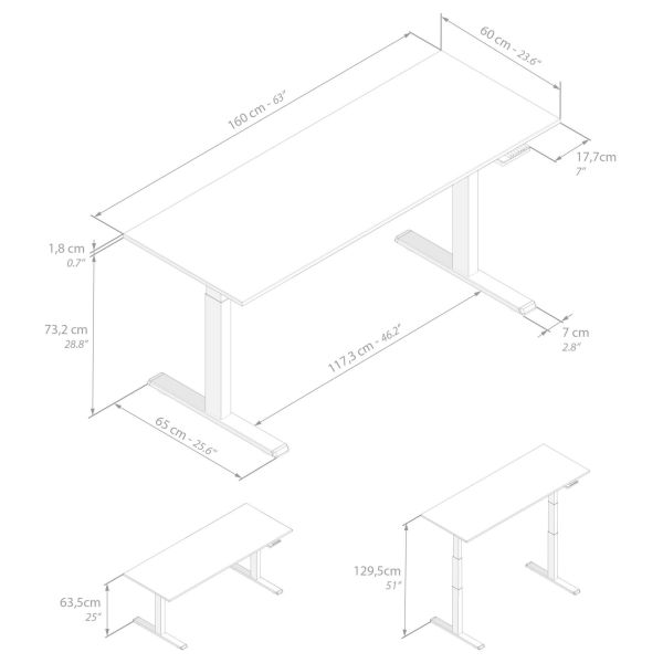 Verstelbaar Bureau Clara 160x60 Zwart Beton met Witte Poten technische afbeelding 1