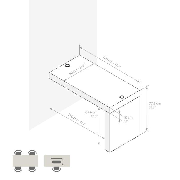 Bureau Evolution 120x60, Rustiek Eiken, één poot en Draadloze Oplader technische afbeelding 1