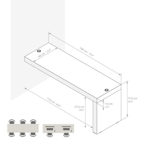 Bureau Evolution 180x60 amerikaanse walnoot één poot en Draadloze Oplader technische afbeelding 1