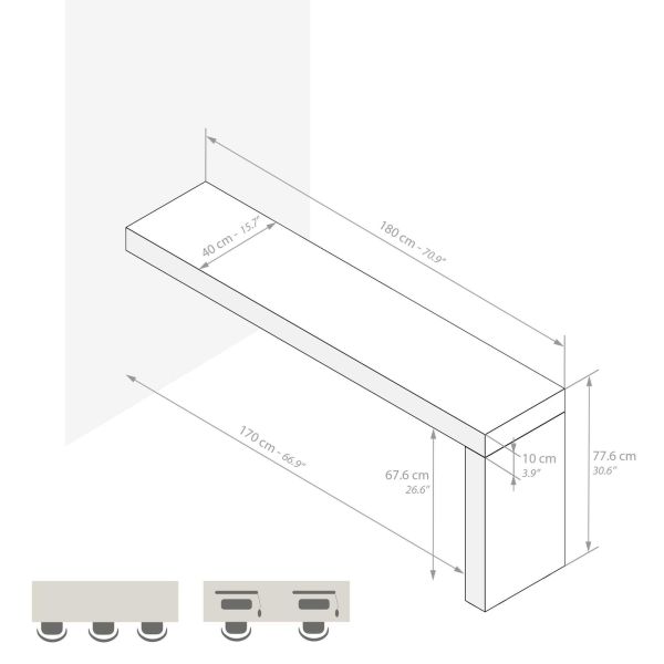 Bureau Evolution 180x40, Cement Grijs met één poot technische afbeelding 1