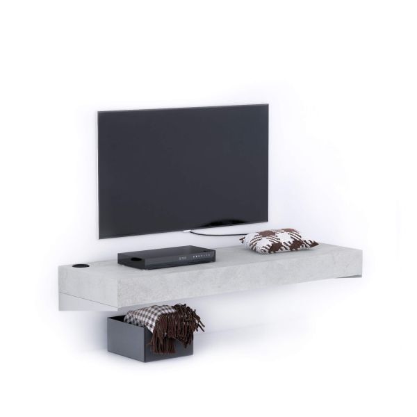 Tv Wandregal Evolution 120 x 40 mit kabellosem Ladegerät, grauer Beton