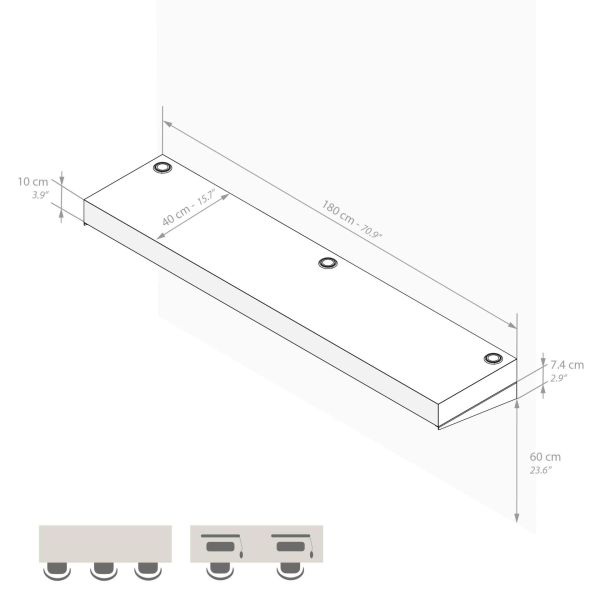 Wandbureau Evolution 180x40, Rustiek Eik met Draadloze Oplader technische afbeelding 1