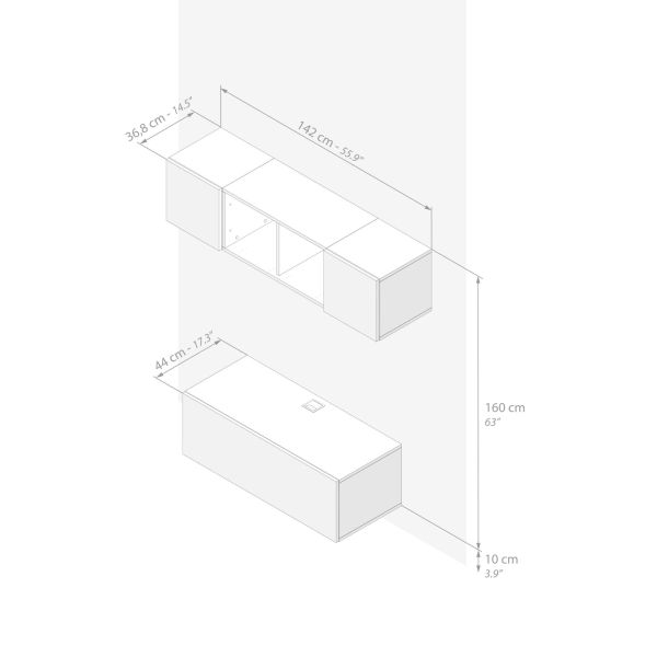 Easy woonkamer wandmeubel 2, essen zwart, 142x44x160 cm technische afbeelding 1