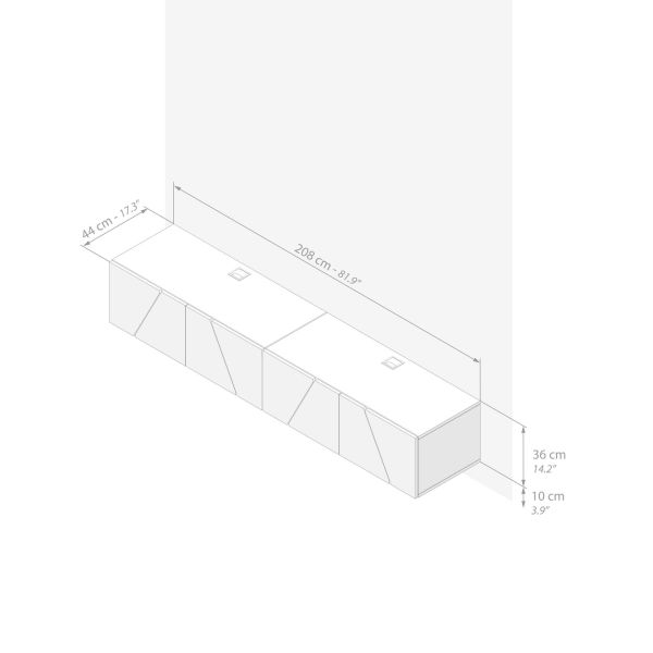 Emma woonkamer wandmeubel 1, cement grijs, 208x44x36 cm technische afbeelding 1