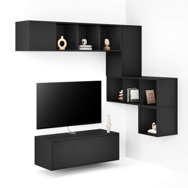 Parede de Tv em canto Iacopo 8, freixo preto, 280x42x188 cm