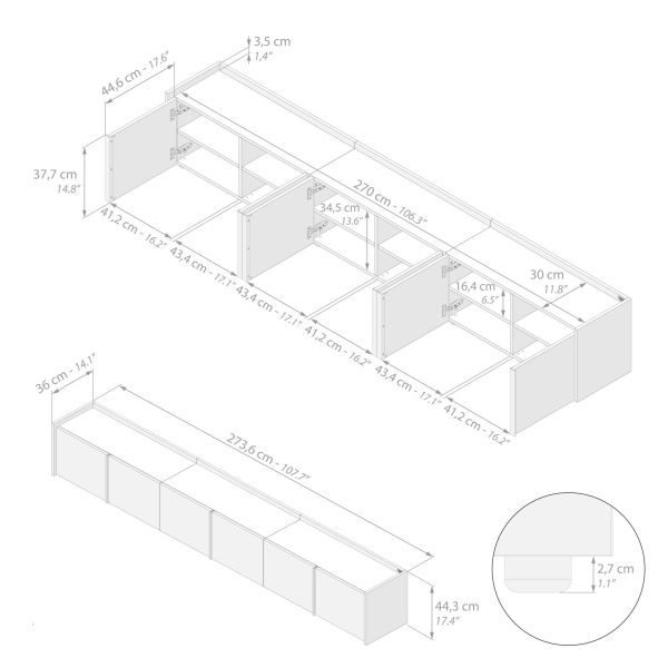 Romina Lage Kast (273.6x36x44 cm), 6 Deuren, Zwart Essen technische afbeelding 1