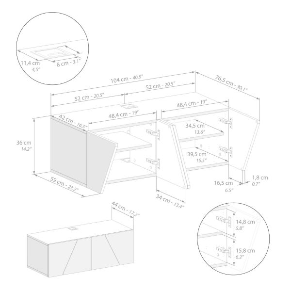 Parede de Tv Emma 2, cimento cinza, 150x44x139 cm imagem técnica 2