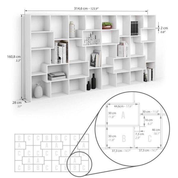 Boekenkast L Iacopo (160,8 x 314,6 cm), Wit Essen technische afbeelding 1