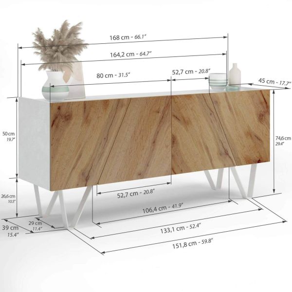 Emma 4-türiges Sideboard mit Weißer Beinen, Weißer Beton und rustikale Eiche Technisches Bild 1