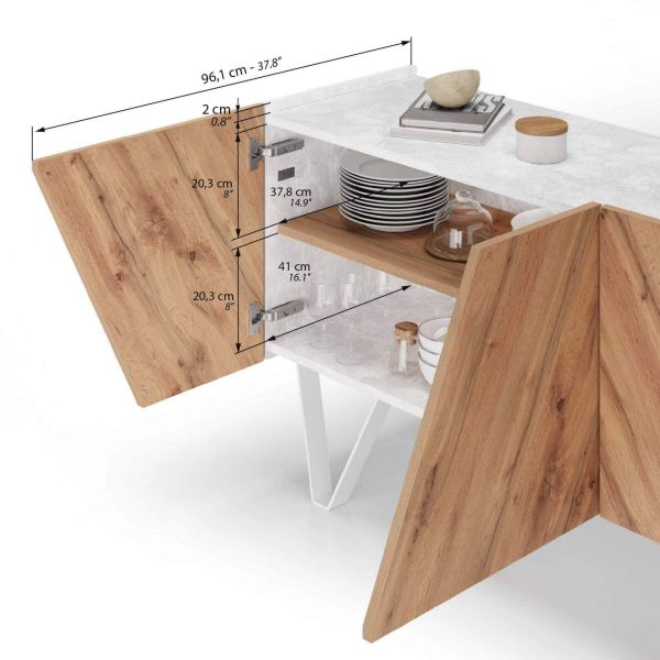 Emma 4-türiges Sideboard mit Weißer Beinen, Weißer Beton und rustikale Eiche Technisches Bild 2