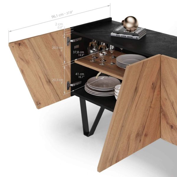 Dressoir-Buffet 4 deuren Emma met zwarte poten, Rustiek Eiken en Rustiek Eiken technische afbeelding 2