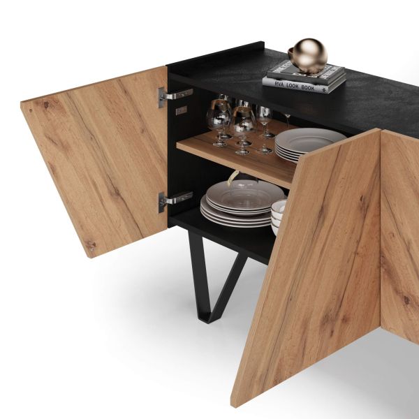 Dressoir-Buffet 4 deuren Emma met zwarte poten, Rustiek Eiken en Rustiek Eiken detailafbeelding 1