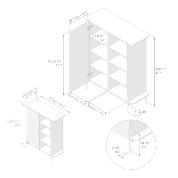 Hoge Olivia Dressoir met 1 Deur (97x40,3x120 cm), Rustiek Eiken technische afbeelding 1