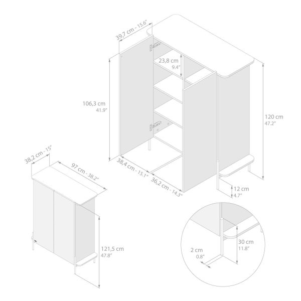 Hoge Olivia Dressoir met 2 Deuren (97x40,3x120 cm), Rustiek Eiken technische afbeelding 1