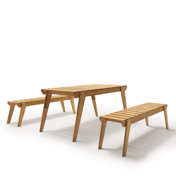 Gartenset Elena aus Holz in Teak Farbe, Tisch (160x80) und 2 Bänke mit drei Plätzen Detailbild 1