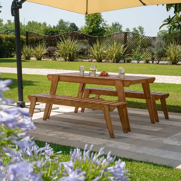 Gartenset Elena aus Holz in Teak Farbe, Tisch (160x80) und 2 Bänke mit drei Plätzen Detailbild 2