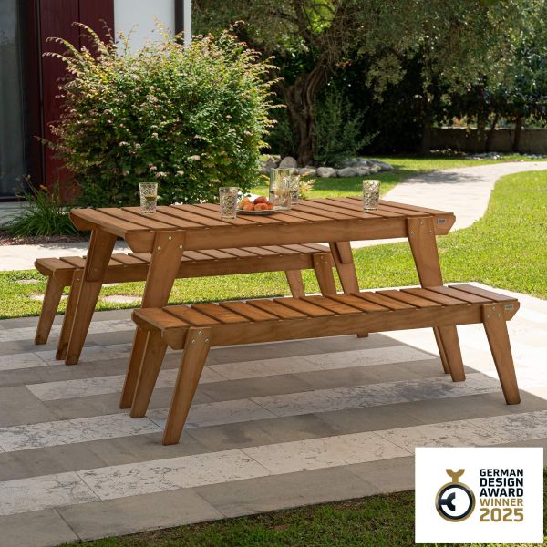 Gartenset Elena aus Holz in Teak Farbe, Tisch (160x80) und 2 Bänke mit drei Plätzen