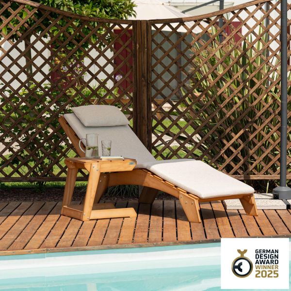 Conjunto de Jardim Elena Em Madeira Cor Teca, Espreguiçadeira Com Almofada E Mesa de Apoio