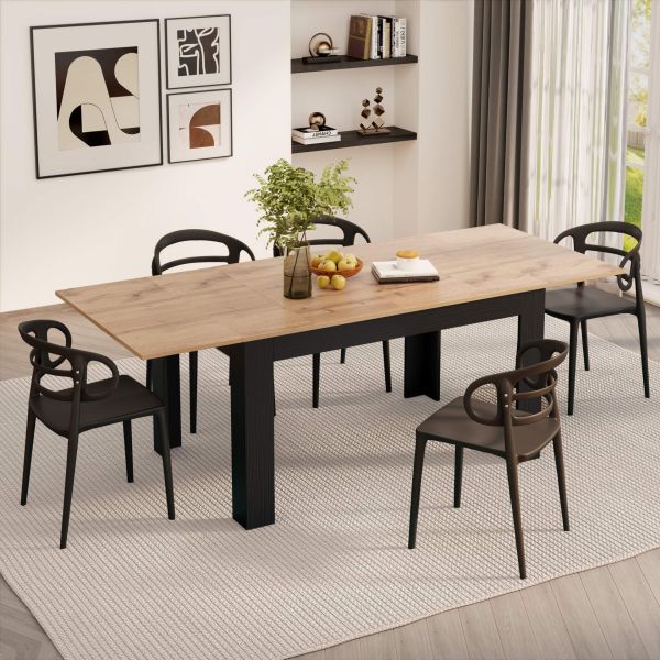 Masă extensibilă pentru bucătărie, Easy, 140(220)x90 cm, Stejar Rustic și Negru Frasin