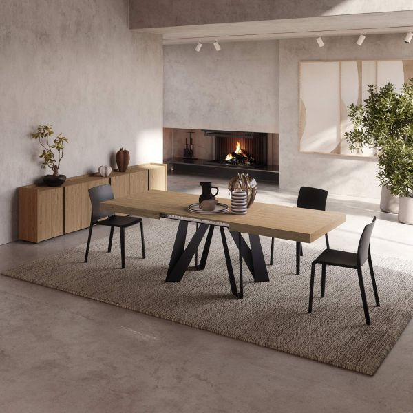 Romina Uitschuifbare Tafel 140(220)x90 cm, Naturel Eiken met Zwarte Poten set afbeelding 1