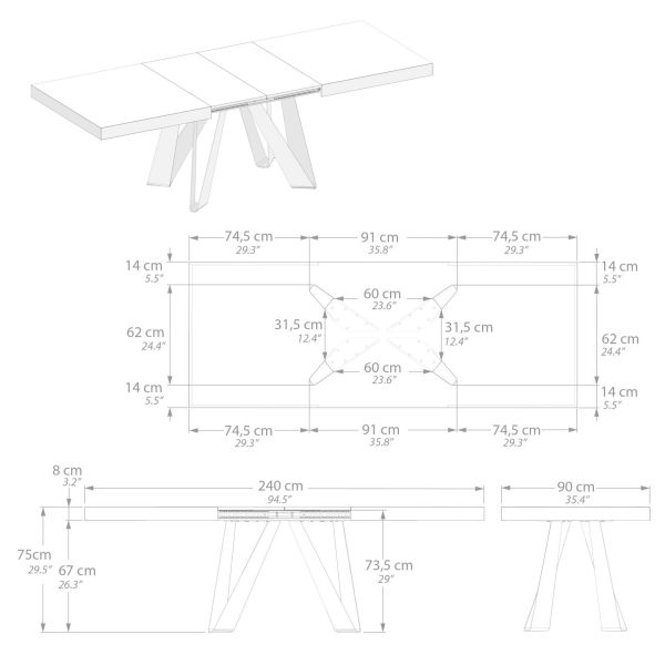Ausziehbarer Esstisch Romina 160(240)x90 cm, Wildeiche, Weiße Eisen Beine Technisches Bild 3