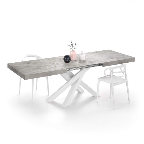 Emma 160(240)x90 cm Uitschuifbare tafel, Cementgrijs met Witte Gekruiste Poten detailafbeelding 3