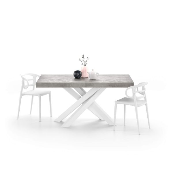 Emma 160(240)x90 cm Uitschuifbare tafel, Cementgrijs met Witte Gekruiste Poten detailafbeelding 2