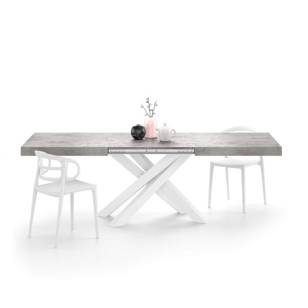 Emma 160(240)x90 cm Uitschuifbare tafel, Cementgrijs met Witte Gekruiste Poten