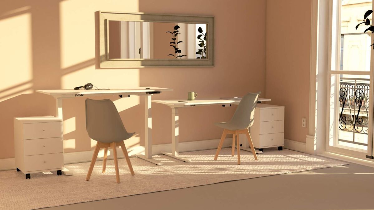 Verstellbarer Schreibtisch Clara 140x80 Weiss Beton mit weissen Beinen Umgebungsbild 3