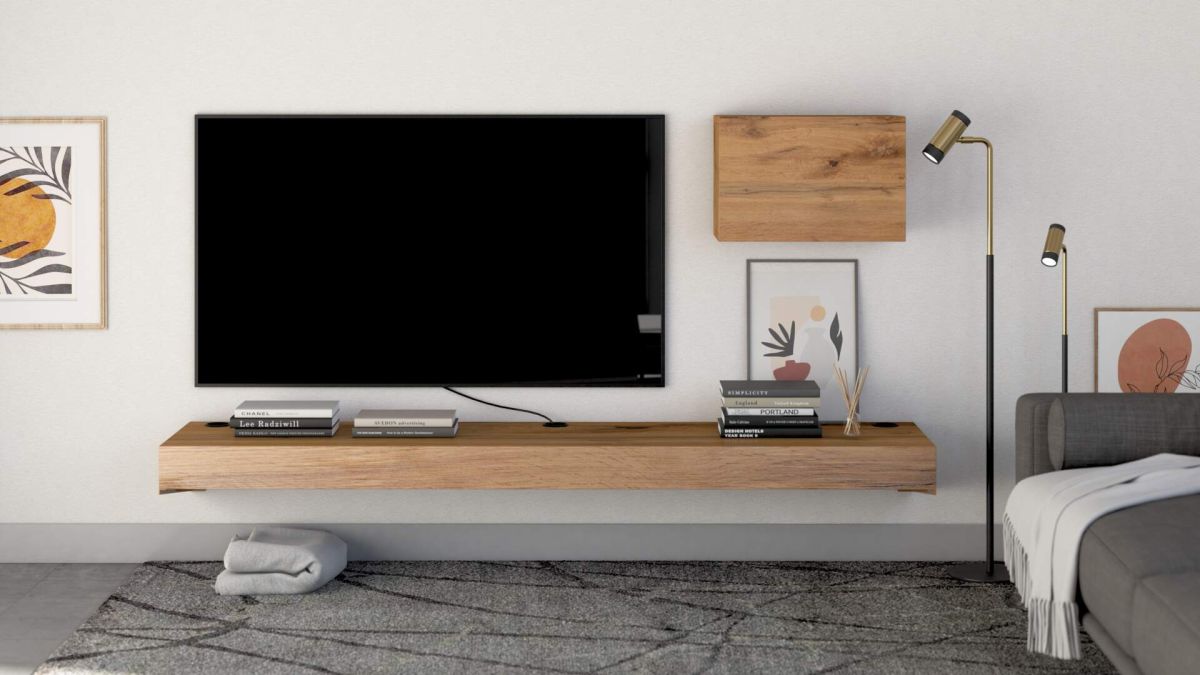 Tv Wandregal Evolution 180 x 40 mit kabellosem Ladegerät, rustikale Eiche Umgebungsbild 1