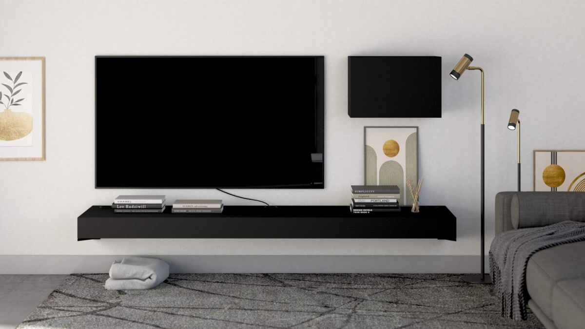 Tv wandmeble Evolution 180x40, Essen Zwart met Draadloze Oplader set afbeelding 1