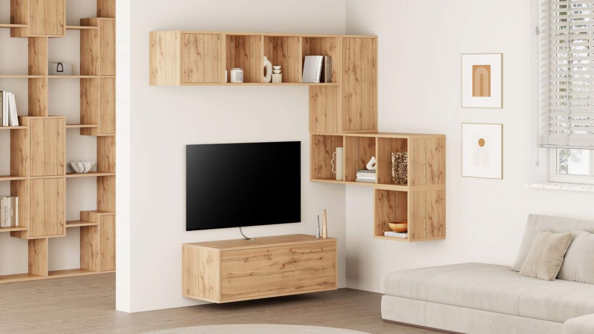 Parede de Tv em canto Iacopo 8, carvalho rústico, 280x42x188 cm imagem do conjunto 1