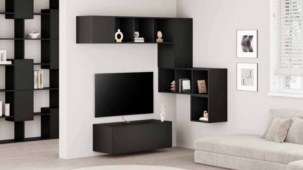 Parede de Tv em canto Iacopo 8, freixo preto, 280x42x188 cm imagem do conjunto 1