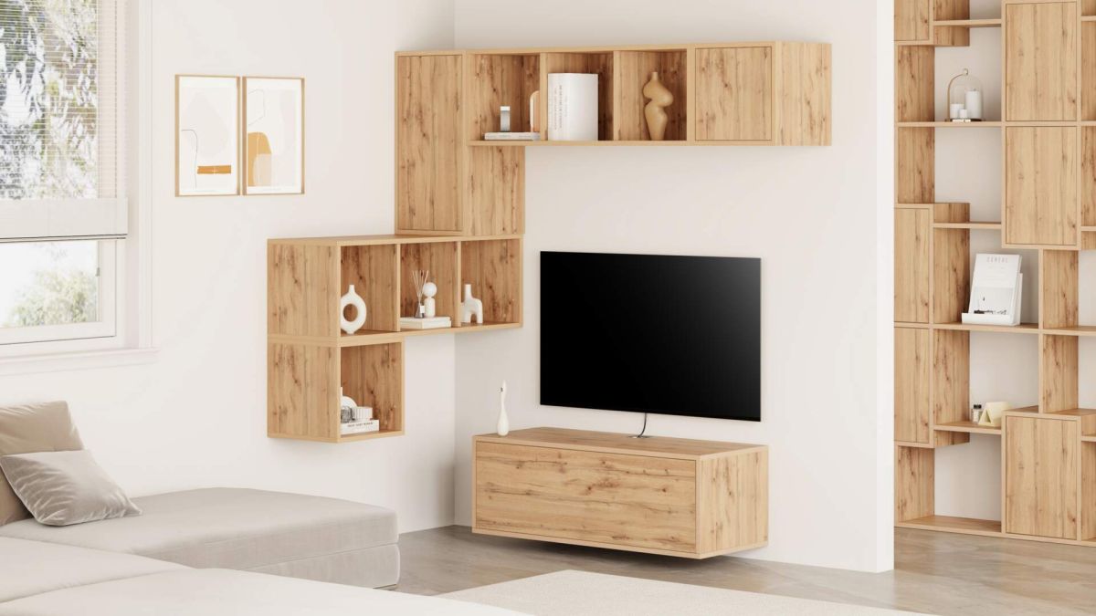 Parede de Tv em canto Iacopo 9, carvalho rústico, 280x42x188 cm imagem do conjunto 1