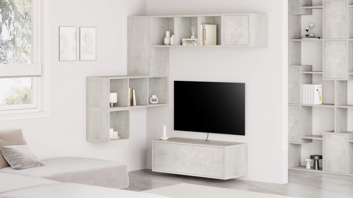Parede de Tv em canto Iacopo 9, cimento cinza, 280x42x188 cm imagem do conjunto 1