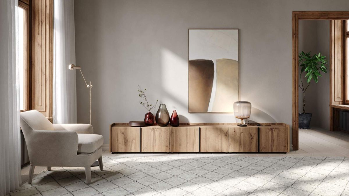 Lowboard Romina (273,6x36x70 cm), 4 Türen, Rustikale Eiche Umgebungsbild 1