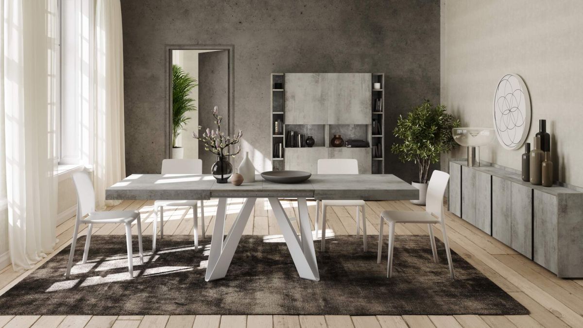Mesa Extensível Romina 160(240)x90 cm, Cimento Cinza Com Pernas de Ferro Brancas imagem do conjunto 1