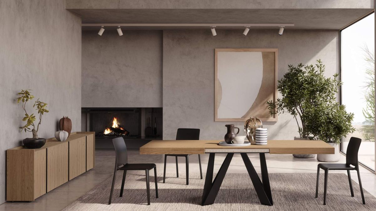 Romina Uitschuifbare Tafel 160(240)x90 cm, Naturel Eiken met Zwarte Poten set afbeelding 1