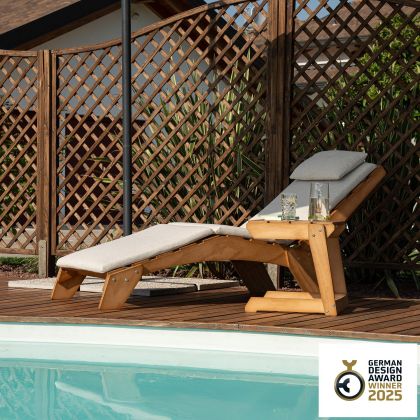 Sonnenliege Chaiselongue aus Holz mit Kissen, Elena, Teak Farbe