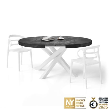 Mesa redonda extensível Emma 120-160 cm em cimento preto com pernas cruzadas brancas