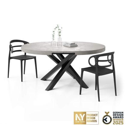Mesa redonda extensível Emma 120-160 cm em cimento cinza com pernas cruzadas pretas