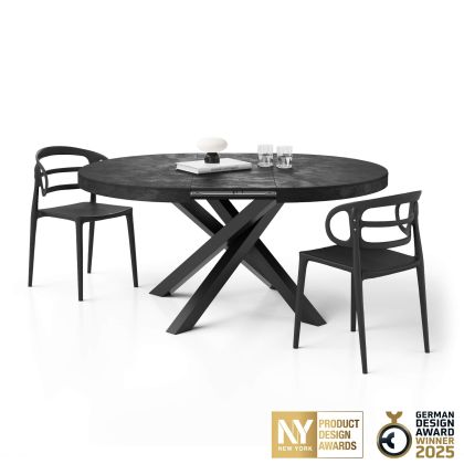 Masă extensibilă rotundă Emma, 120-160 cm, negru ciment cu picioare încrucișate negre