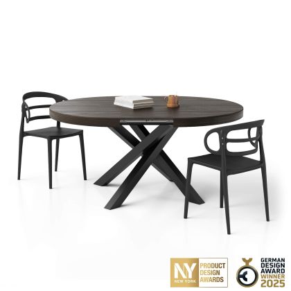 Mesa redonda extensível Emma 120-160 cm em cor nogueira americana com pernas cruzadas pretas
