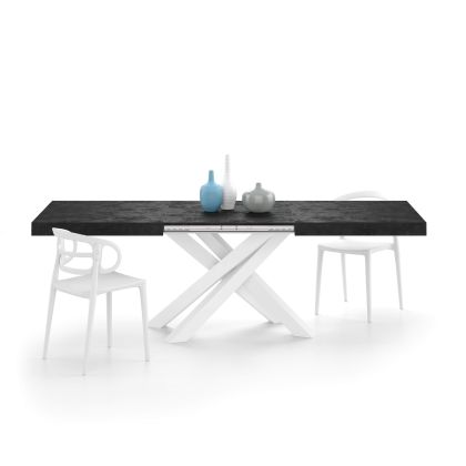 Mesa Extensível Emma 160(240)x90 cm, Cimento Preto com Pernas Cruzadas Brancas